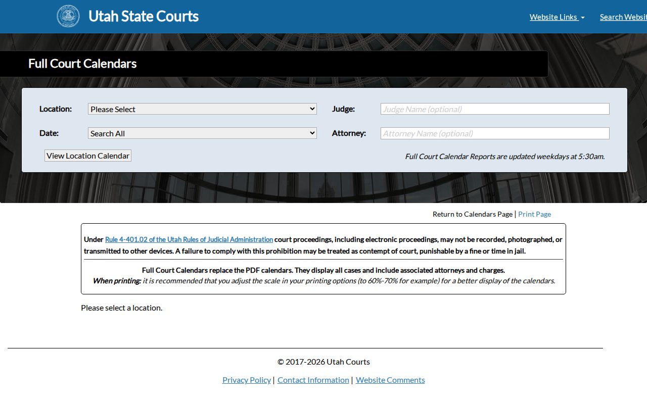 Full Utah Court Calendars filters used for Weber County court schedules
