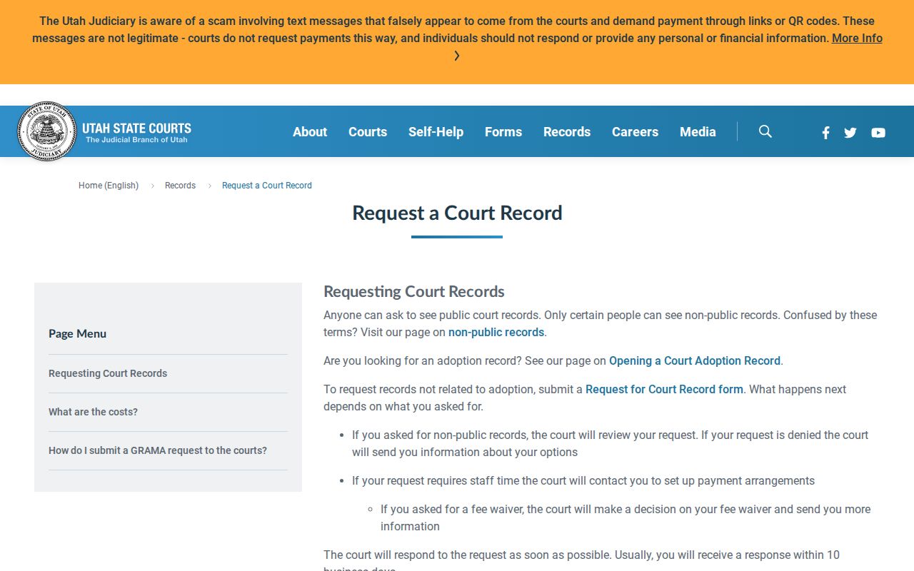 Weber County court record request workflow from Utah Courts