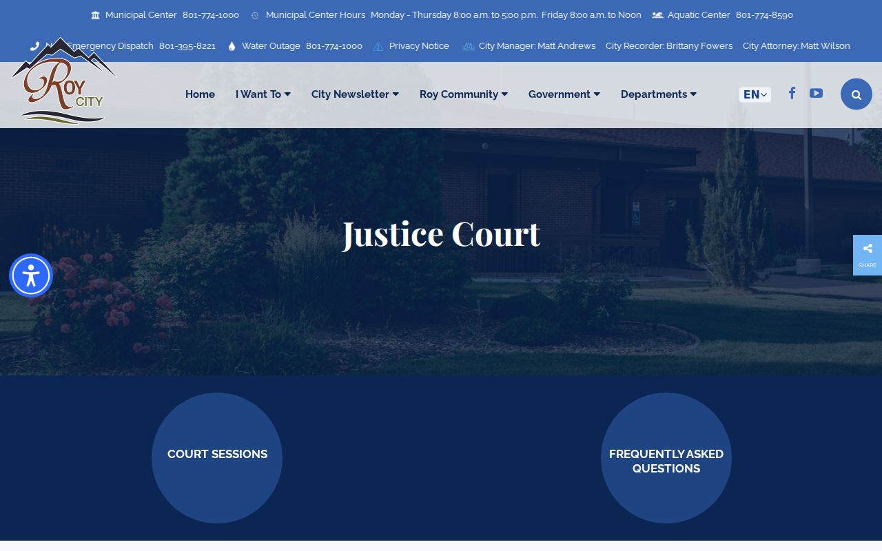 Official Roy Weber County Justice Court page for Roy court records